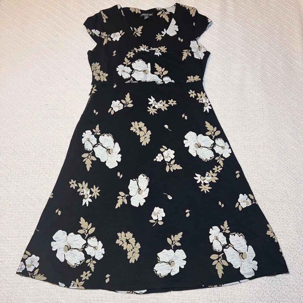 Toad&Co Womens Black Floral Slub Knit V-Neck Empire Waist Dress Size M